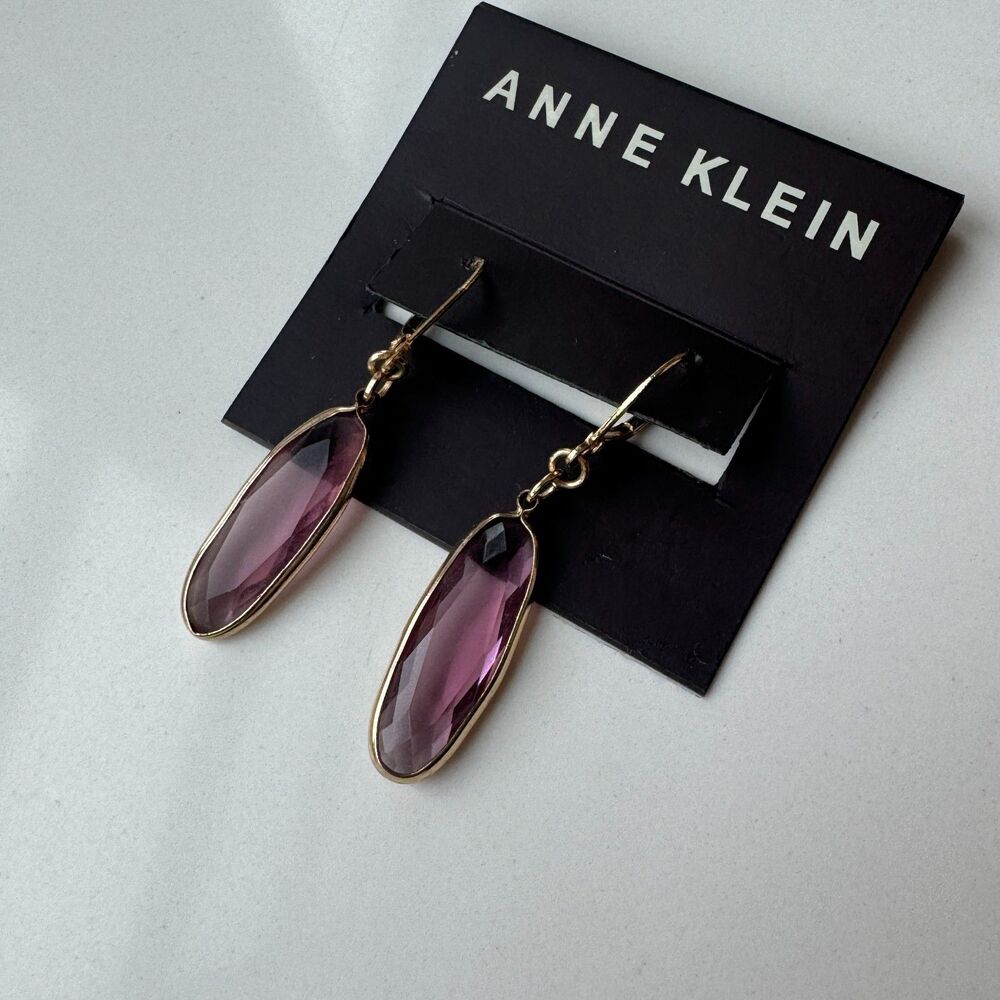 2 Anne Klein Gold-Tone Dangle Earrings – Teardrop Gem Cluster & Lavender Glass - Picture 2 of 14